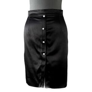 Hilton Hollis Black Satin Midi Pencil Skirt 4 Pearl Button Front Side Zip VG